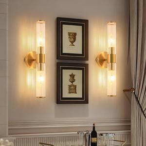 Morauroral Brushed Gold Battery Operated Wall Sconces Set of Two, Rechargeable Wall Sconce with Dimmable Remote Control, 20 Inch Wireless Sconce Wall Light for Bedroom, Living Room (Bulbs Included)
