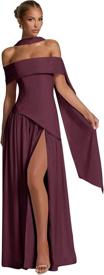 Satin Bridesmaid Dresses for Women with Scarf Off Shoulder Pleated Long Formal Party Dress with Slit (4, Plum)