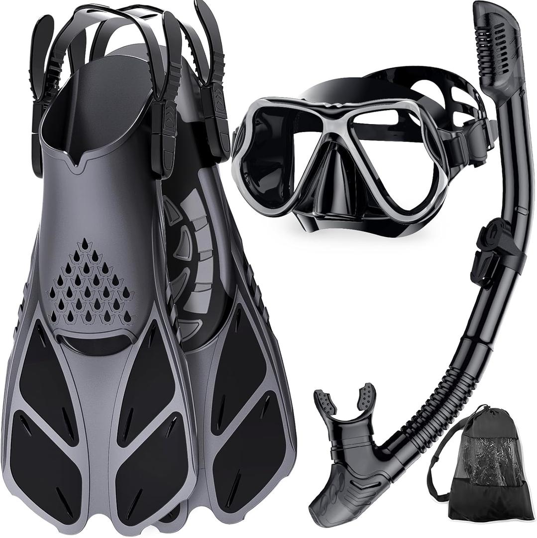 Zenoplige Mask Fins Snorkel Set, Snorkeling Gear for Adults, Panoramic View Snorkel Mask Anti-Fog, Adjustable Dive Flippers, Dry Top Snorkel and Travel Bag, Scuba Gear for Swimming Snorkeling Diving (Black)