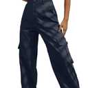 Lepunuo Women's High Waisted Cargo Pants Travel Y2K Streetwear Baggy Stretchy Pants with 6 Pockets Drawstring Ankle Cuffs (Large, Navy Blue)