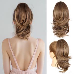 Clip on Ponytails for Women - 14 Inch Curly Ponytail Extension, Wavy Pony Tails Hair Extensions, Synthetic Hair Extensions Ponytail, Clip in Ponytail (Color: Dark Ash Blonde With Golden Ends)