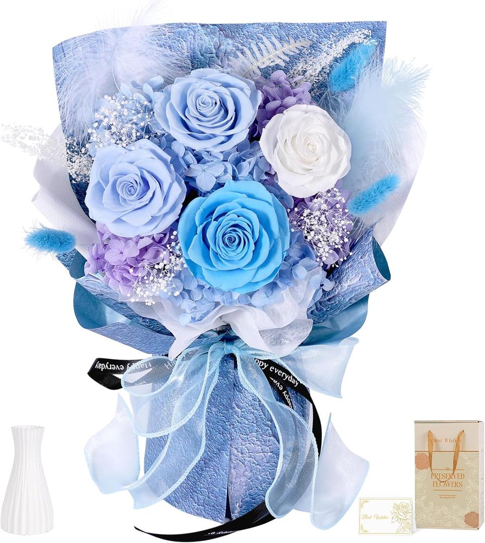 Preserved Flowers Bouquet 4 Roses - Blue Real Rose & Flowers for Delivery, Long-Lasting Flower with Gift Box, Mothers Day Gifts for Mom Grandma Wife, Anniversary Birthday Gifts for Women