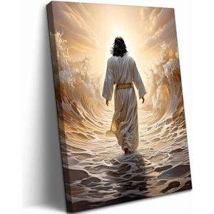 Abstract Jesus Walking on Water Canvas Wall Art Christian Bible Stories Spiritual Wall Decor Pictures Divine Light Modern Religious Poster Prints Artwork for Living Room Bedroom Church Prayer Room (16''Lx12''W)