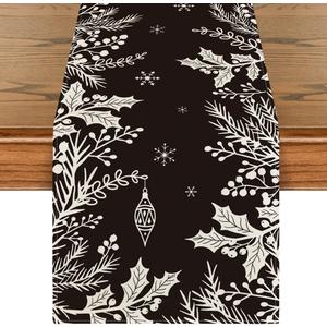 Artoid Mode Black Holly Pine Branches Leaves Christmas Table Runner, Seasonal Winter Kitchen Dining Table Decoration for Home Party Decor 13x72 Inch