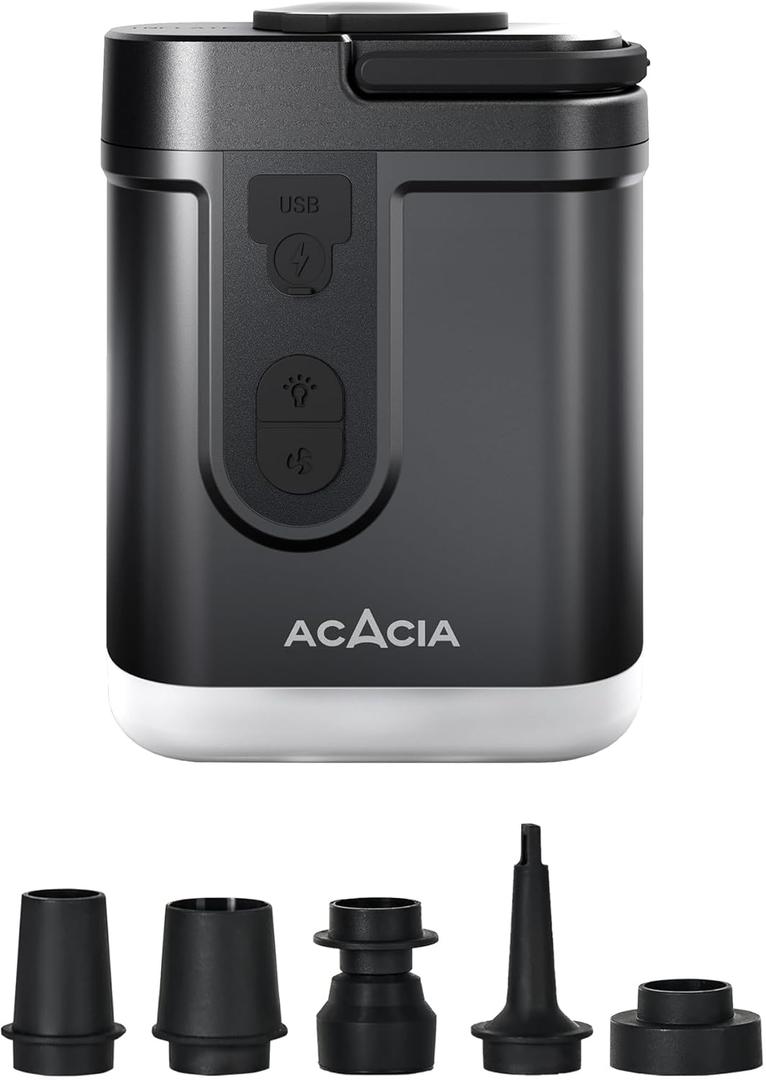 ACACIA Portable Air Pump for ACACIA Sleeping Pad, Rechargeable 4000mAh Battery Air Mattress Pump with Camping Light, Electric Air Pump for Inflatables with 5 Nozzles, Camping, Hiking, Pool, 4.8kPa
