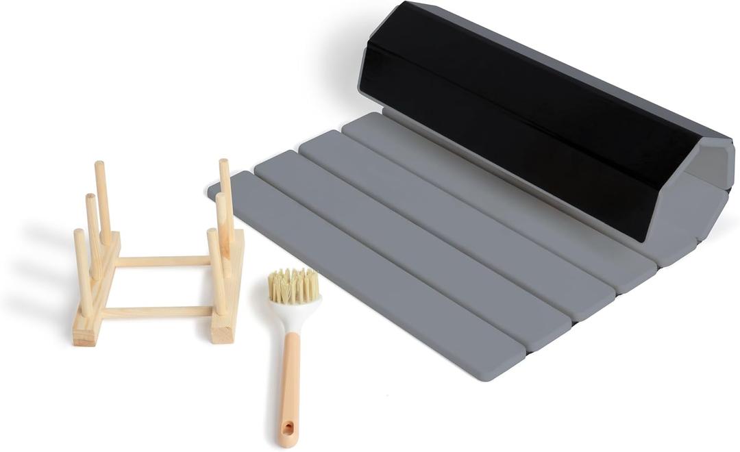 HavenMat Large Stone Dish Drying Mat (24x16) with Bamboo Rack & Brush | Quick-Dry Diatomite Counter Mat for Dishes, Glassware, Plants & Pets | Grey Kitchen Drying Stone (Grey)