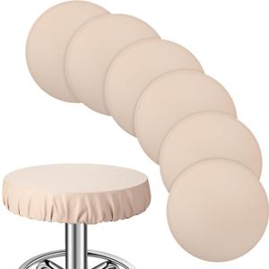 Newwiee 6 Pcs Leather Round Bar Stool Seat Covers, Waterproof PU Stretch Round Barstool Seat Covers Cushion with Elastic Bands for Bar Swivel Chair, 13 to 17 Inches(Beige)