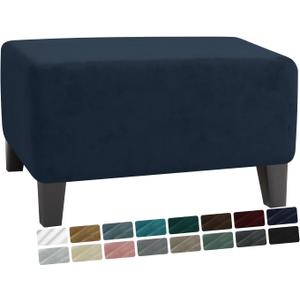 MAXIJIN Velvet Ottoman Cover Rectangular Stretch Square Ottoman Covers Slipcover Rectangle Washable Foot Stool Cover Thick Storage Protector with Elastic Bottom (Ottoman X-Small, Navy Blue)