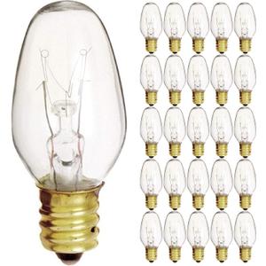 KOR (25 Pack) 7 Watt C7 Clear Night Light Bulbs  E12 Candelabra Base, 120V for Indoor/Outdoor Use