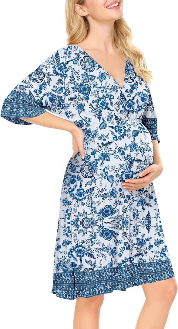 Nursing Dress for Women Breastfeeding Dresses - Maternity Nursing Dress V Neck Flowy Boho Floral Vacation Dress Blue (Blue, L)