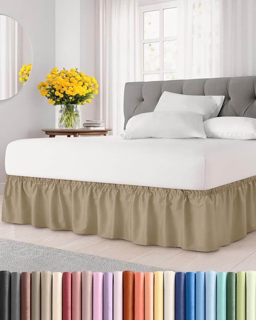 Wrap Around Dust Ruffle Bed Skirt - Beige - for Queen Size Beds with 15 Inch Drop - Easy Fit Elastic Strap - Adjustable Pleated Bedskirt w/Brushed Fabric - Wrinkle Free - for Women, Men, Kids & Teens