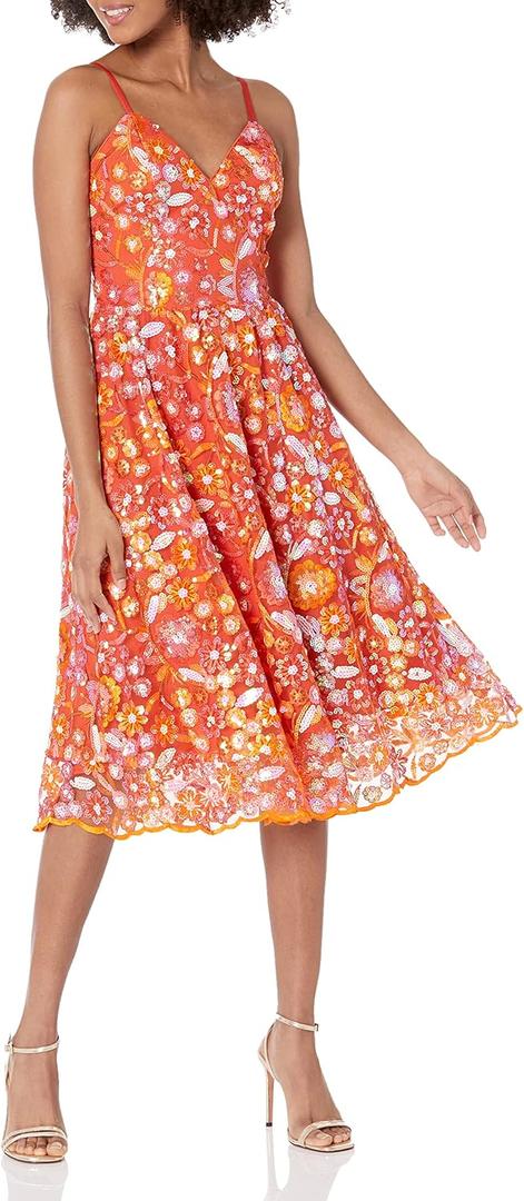 Dress the Population Women's Maren Fit and Flare Midi Dress (Large, Poppy Multi)