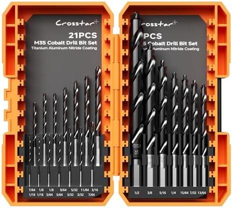 Crosstar M35 Cobalt Drill Bit Set - 21pcs 1/16"-1/2" TiAlN Coated Self-Centering Metal Drill Bits for Thin Hardened Steel, Stainless Steel, Titanium| Bullet Point Tip, High-Speed Jobber Bits