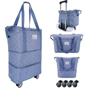 Expandable foldable duffel bag suitcase, detachable rolling wheels,carry-on large duffel bag,luggage bag,suit gym,camping,travel or business trip,Gift for wife and parents-Checkerboard(BLUE)