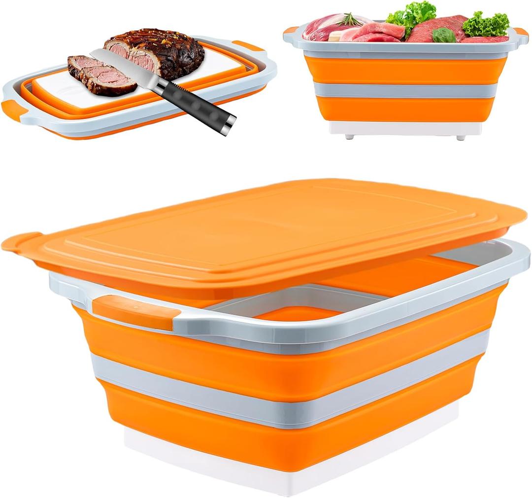 Collapsible BBQ Prep Tub with Cutting Board & Lid  7.95 Gal / 30L Space-Saving Food Container  BPA-Free Heavy-Duty Plastic, Dishwasher Safe with Drain Hole  Offset Smoker, Backyard & Grilling (Orange)
