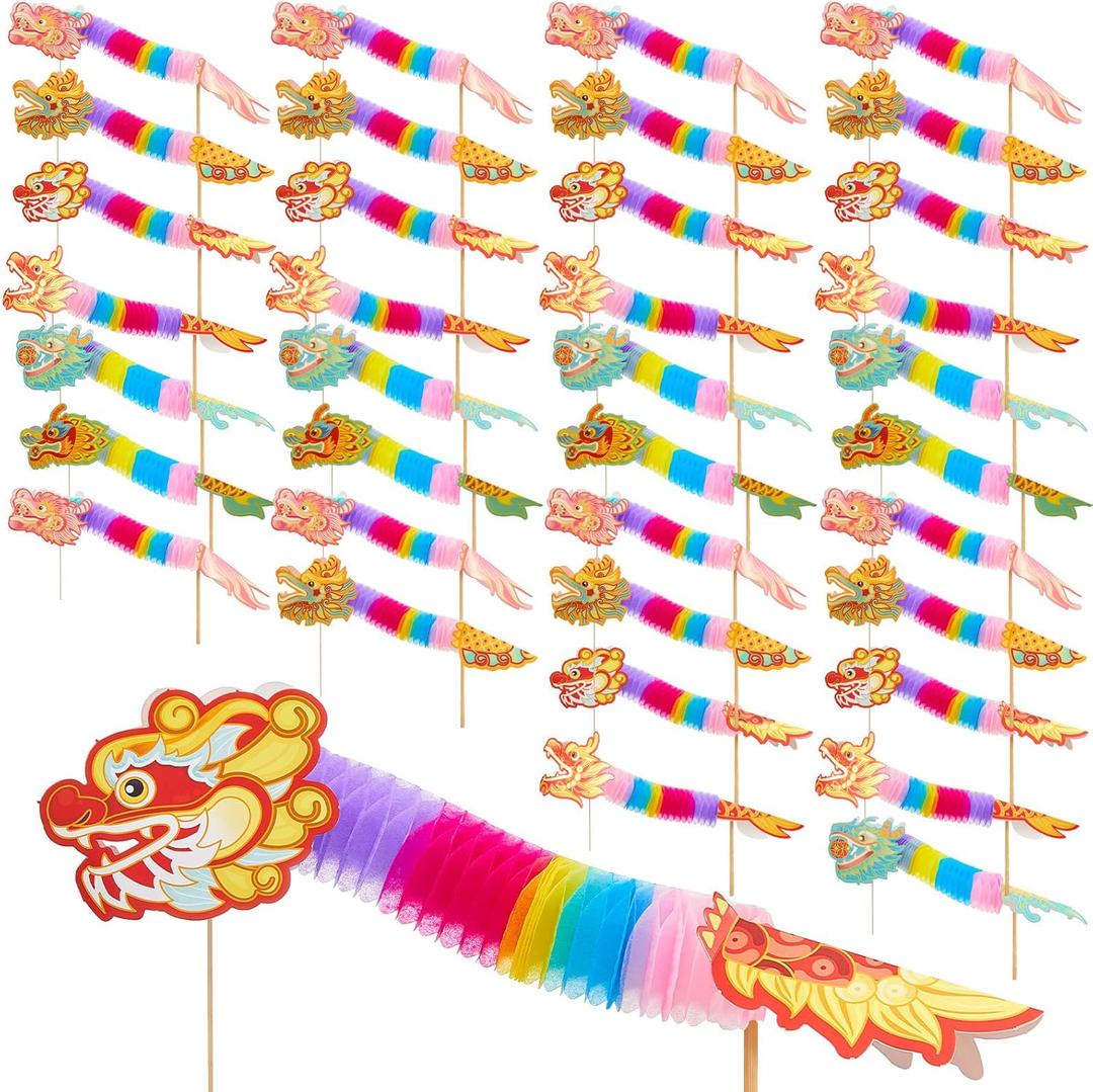 Chinese New Year Paper Dragon Decorations 3D DIY Lunar New Years Crafts for Paper Dragon Puppet Pick Garland Handheld for Spring Festival Party Supplies, 6 Styles(72 Pack)