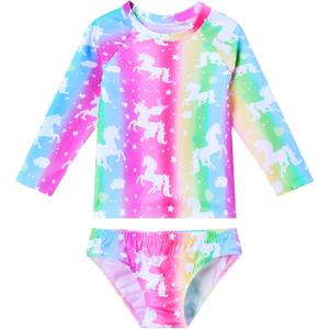 Snowheart Girls Rash Guard Sets Long Sleeves Swimsuit 2 Pieces Tankini Bathing Suit Swimwear for Girls 3-12 Years ( Rainbow Unicorn)
