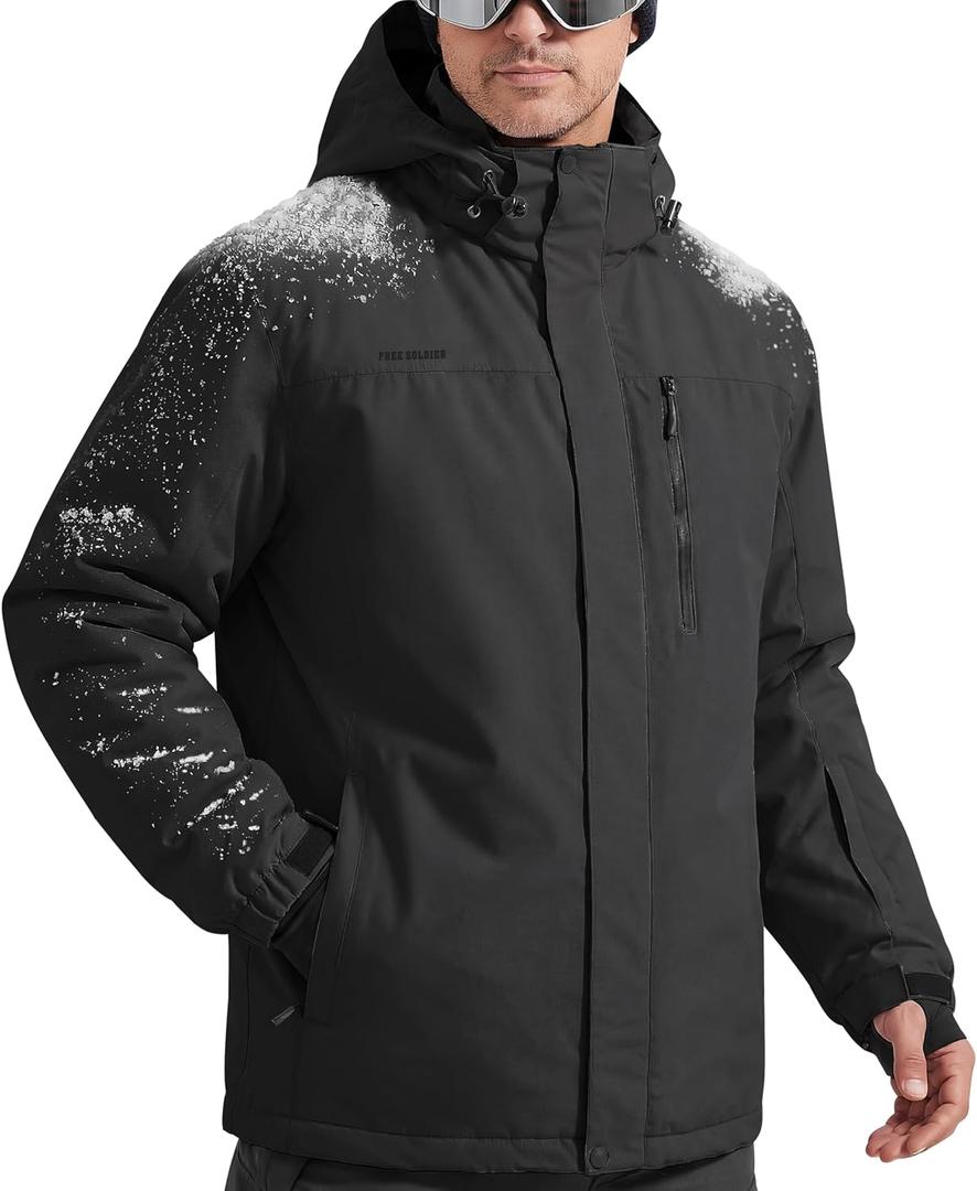 FREE SOLDIER Men's Waterproof Ski Snow Jacket Fleece Lined Warm Winter Rain Jacket with Hood Fully Taped Seams (Large, Black)