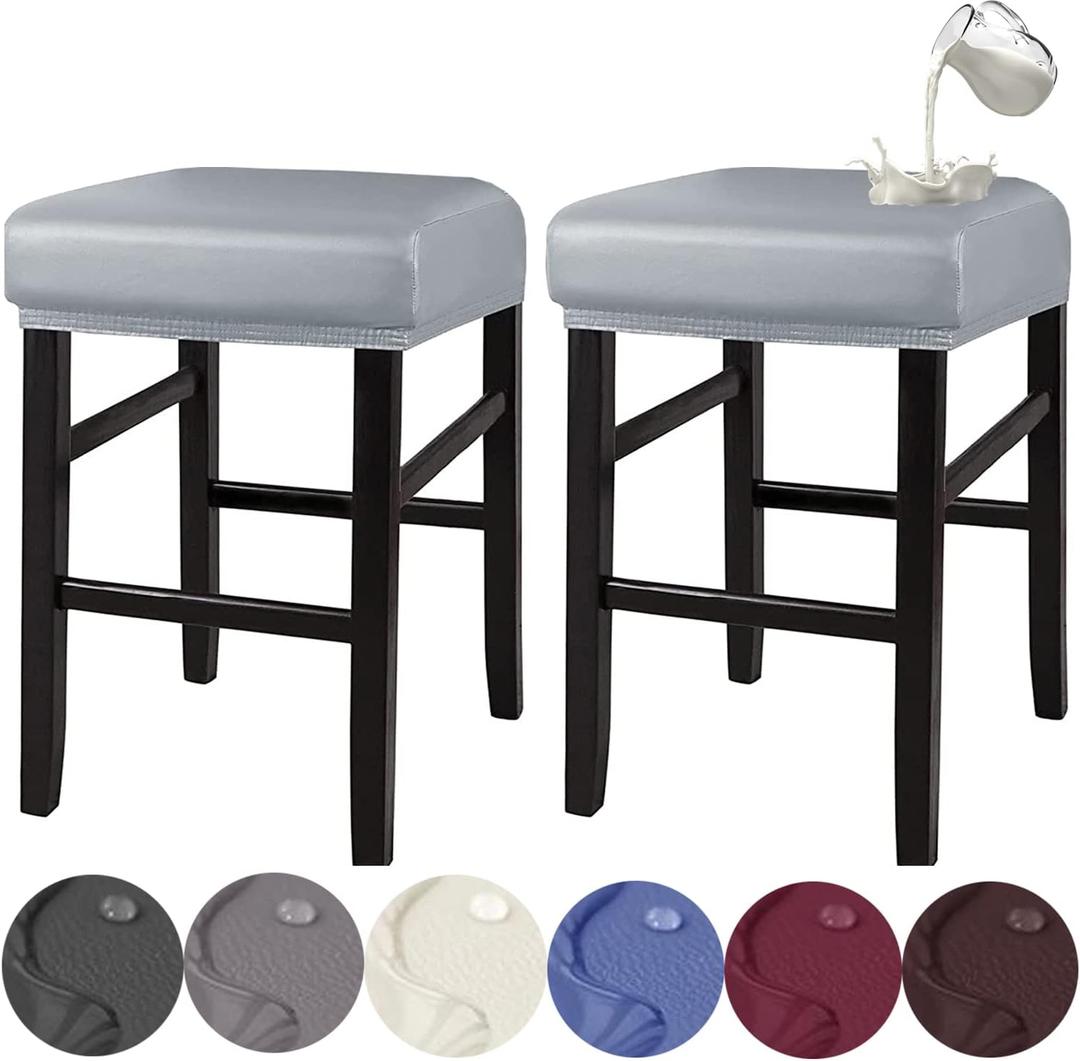 HFCNMY Stool Covers Rectangle,Stretch Waterproof PU Rectangle Bar Stool Covers Vanity Stool Cover Washable Counter Stool Cover Saddle Seat Cover with Elastic Bands(2 Pack,Light Gey)
