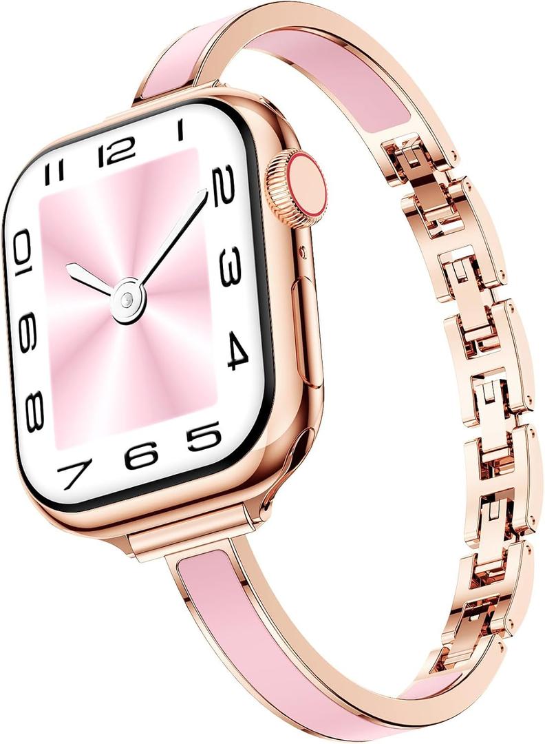 Mosonio Slim Designer Bracelet Bands for Apple Watch Women, Elegant Thin Dressy Metal Band with Embedded Silicone Accents Compatible with Apple Watch Ultra / Series 11 10 9 8 7 6 5 4 SE 3 2 1, Easy-Adjust Link Fancy Strap for iWatch  38mm 40mm 41mm 42mm(Series 11/10) (Rose Gold + Pink)