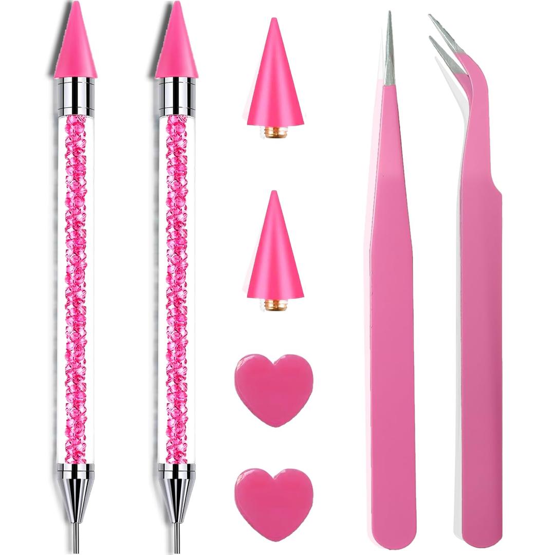 Pink Rhinestone Picker Tool Set - 2 Pcs Dual-Head Wax Pens with 2 Wax Tips and 2 Pink Tweezers, Wax Pencil for Rhinestones, Crystal Diamond Pickup Tool for Nail Art, Gem and Crystal Application Kit