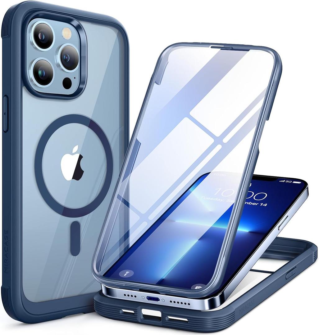 Miracase Glass Case for iPhone 13 Pro Max 6.7 inch, 2023 Upgrade Full-Body Clear Bumper Case with Built-in 9H Tempered Glass Screen Protector, Blue