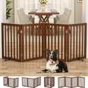 Homykic Bamboo Freestanding Dog Gate, No Assembly Pet Gate Indoor, 24H x 75W Extra Wide Foldable Puppy Barrier Fence with Support Feet for the House, Doorways Stairs, 4 Panels, No Drillings, Walnut