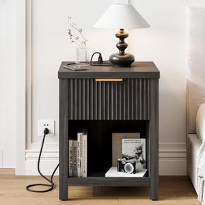 Fluted Nightstands with Charging Station, Brooklyn Night Stand with Drawer, Modern Beside Table with Open Shelf, Large End Table, Wood Side Table for Bedroom (1, Grey with Charging Station) BNS101BGE, 19.4 X 15.7 X 24.8 Inches