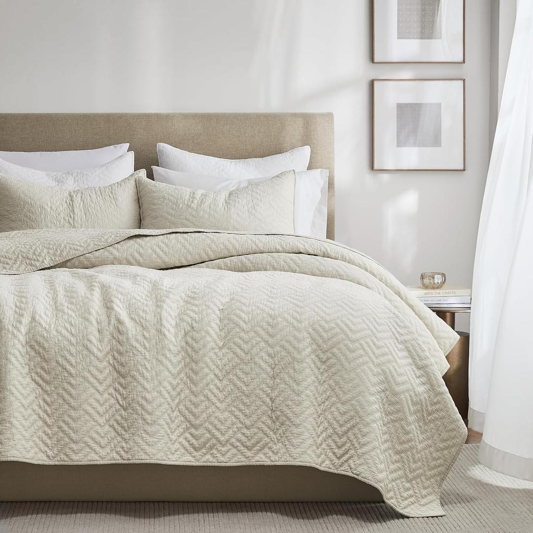 palassio Beige 100% Cotton Quilt Twin Size Bedding Sets with 1 Pillow Sham, Lightweight Textured Farmhouse Country Bedspread Soft Shabby Chic Patterned Coverlet for All Season, 2 Pieces (Geometric-wheat)