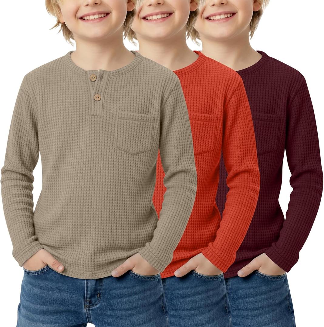 3 Pack Boy's Henley Long Sleeve Shirts Waffle Thermal Tops 5-14 Years Kids Casual Sport Sweatshirts with Pocket (7-8 Years, Khaki, Light Pumpkin, Wine Red)