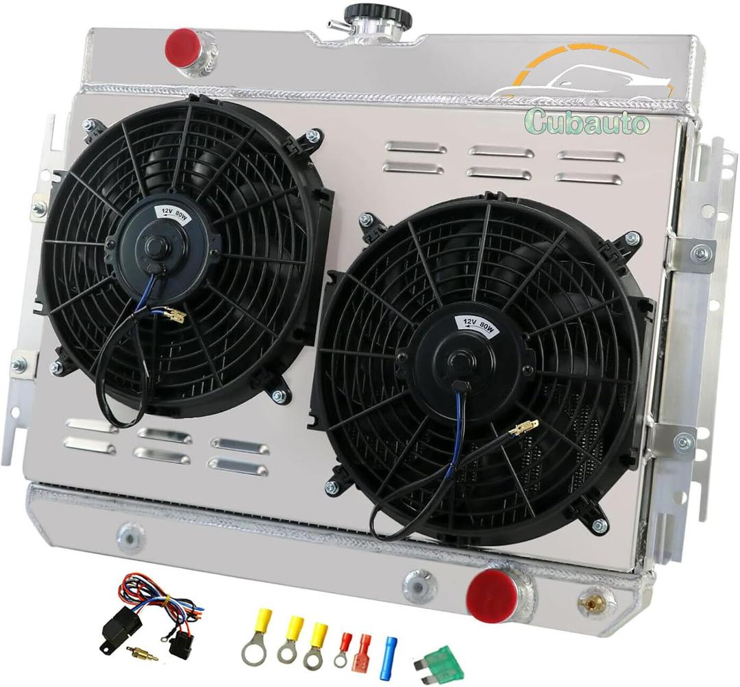 4 Row Core Radiator Shroud Fan For Chevy 1963-1968 Bel Air Biscayne Impala 67-68 Caprice 64-65 Chevelle,Kingswood Full Aluminum Radiator with Shroud Fan Relay Kit