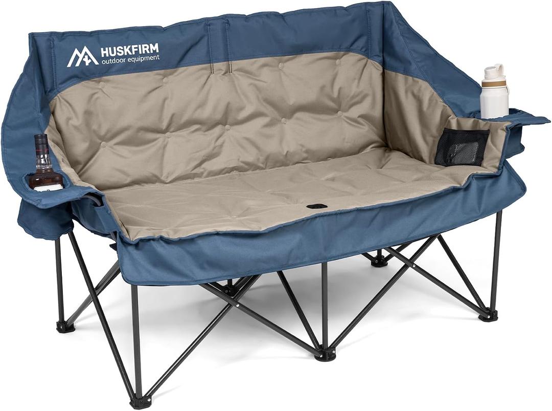 Huskfirm Double Camping Chair Oversized Padded Camping Chairs for Adults Folding Loveseat with Cup Holders and Side Pockets Heavy Duty Outdoor Lawn Chairs for Camping,Sports, Fishing,Beach,Blue, 60 Inches X 25.5 Inches X 35.5 Inches