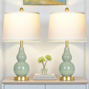 25" Green Double Gourd Ceramic Lamps Set of 2, Modern Ceramic Table Lamp for Living Room, Elegant Coastal Farmhouse Bedside Lamps for Bedroom Nightstand End Table Side Desk(2 LED Bulbs Included)
