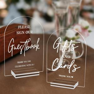 KOSKIMER 2pcs Clear Acrylic Wedding Signs for Ceremony and Reception, 5x7 Inch Modern Wedding Signage, Guest Book Sign, Cards and Gifts Sign for Wedding, Wedding Reception Signs with Holder (Set of 2)