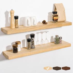 RICHFOCUS Rustic Wooden Floating Shelves for Wall - 36 Inch Wood Shelves Set of 2-7.9 Inch Deep Solid Paulownia Wood Wall Mounted Shelves with Upgraded Metal Brackets for Room Decor, Natural