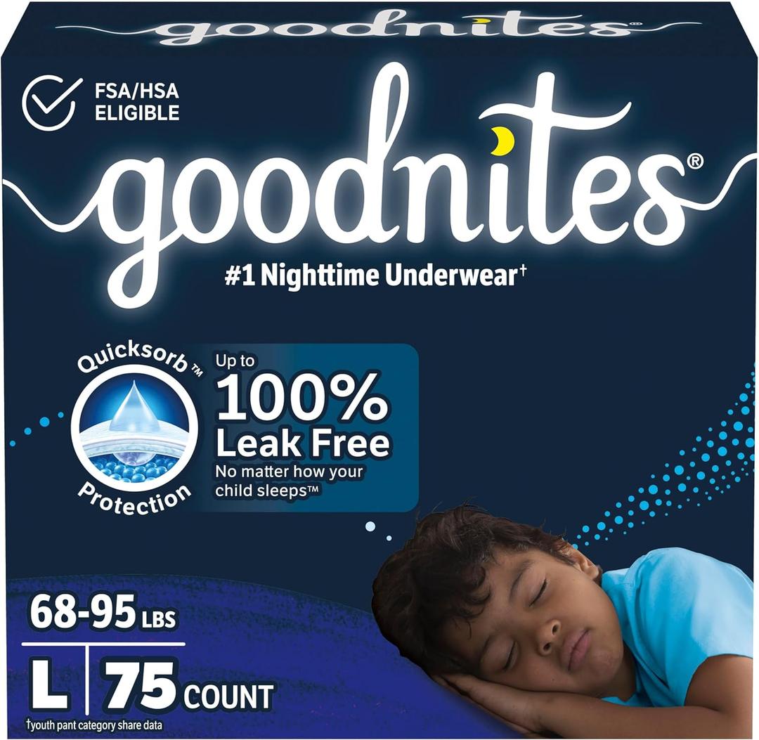 Goodnites Boys' Nighttime Bedwetting Underwear, Size Large (68-95 lbs), 75 Ct (3 Packs of 25), Packaging May Vary Goodnites Boys' Nighttime Bedwetting Underwear, Size Large (68-95 lbs), 75 Ct (3 Packs of 25), Packaging May Vary