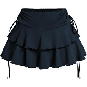 Women's Drawstring Bow Side Mini Skirts Tiered Layer Ruffle Elastic Waist Y2K Coquette Short Skirts (Black, L)