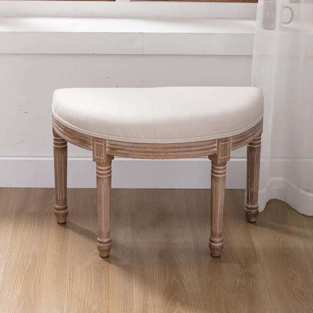 Half Moon French Vintage Bench with Padded Seat & Rubberwood Legs, 27" Upholstered Entryway Bench & Dining Bench, Tufted Fabric End of Bed Bench for Bedroom Living Room Hallway More