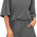 BTFBM Women Summer 2 Piece Outfits 2025 Spring Matching Set Short Sleeve Tops Elastic Waist Shorts Lounge Sets Pocket (Gray, S)