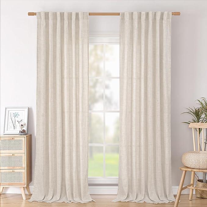 BGment 96 Inches Long Linen Semi Sheer Curtains for Living Room 2 Panel Set, Light Filtering Drapes Natural Textured with Rod Pocket Back Tab for Farmhouse Bedroom, Each Panel 52 Inch Wide