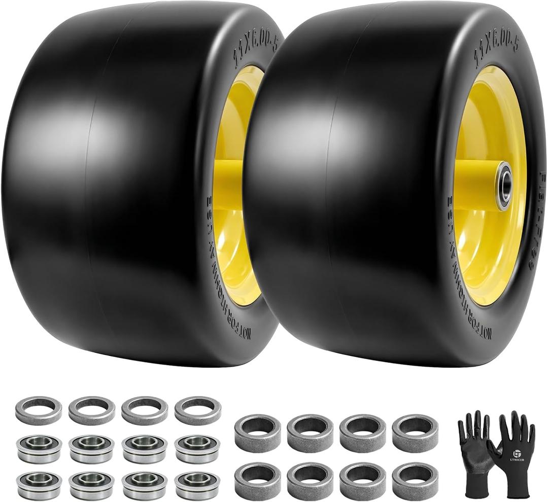 11x6.00-5 Flat Free Tire and Wheel- 11x6-5 Solid Rubber Tire for Zero-Turn Mowers, With 3/4 & 5/8" & 1/2" Bearing and 5.9"-8.1" Centered Hub and 3/4" Bushings (2-Pack), 2PCS