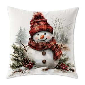 Vintage Red Plaid Christmas Snowman Pillow Covers 18x18, Winter Home Decor, Rustic Winter Holly Berry Xmas Snowman Decorative Throw Pillow Covers for Couch Sofa Bedroom Living Room