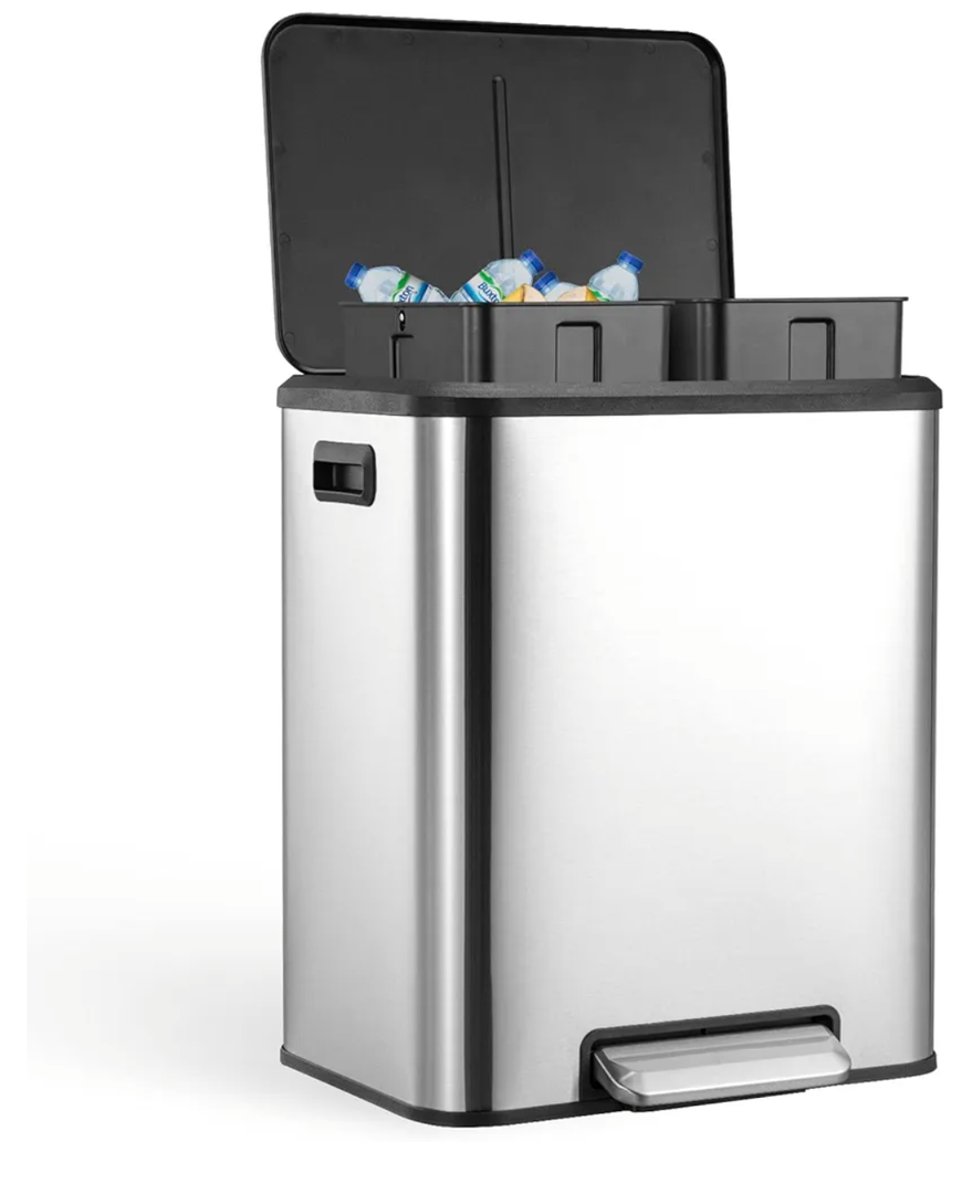 GAOMON Kitchen Dual TrashCan and Recycling Bin, 2 x 4 Gallon Stainless Steel TrashCan, 30 Liter, Removable Inner Bin and Soft Close Lid, Suitable for Home, Office, Business - Silver