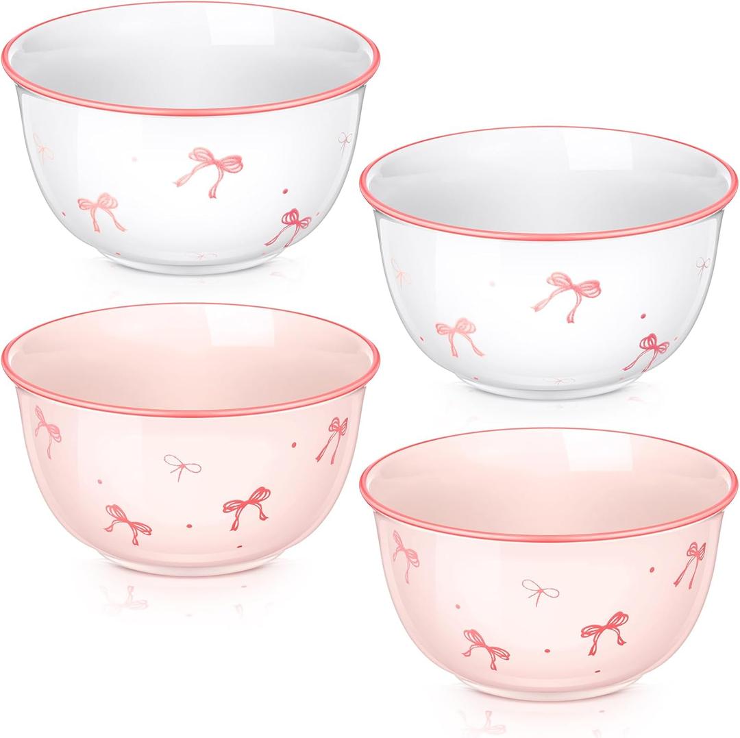 Reallnaive 4 Pcs Pink Bow Ceramic Bowls Set 4.5 Inch Coquette Cute Soup Bowl 12 Ounces Dessert Bowls for Kitchen Side Dishes Ice Cream Rice Soup Snack Cereal, Microwave and Dishwasher Safe