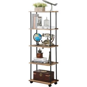GETALL 5 Tier Bookshelf with Wheels, Tall Bookcase for Small Spaces, Solid Wood Narrow Shelf, Corner Book Shelf Storage Organizer for CDs, Movies, Movable Shelfing Unit for Bedroom, Living Room
