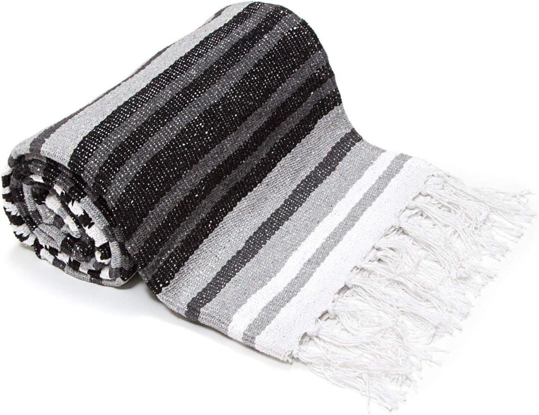 Americanflat 50x70 Authentic Mexican Throw Blanket - Falsa Blanket - Soft Cotton Throw Blankets for Indoor or Outdoor - Use for Yoga, Meditation, or Beach - Grey Stripes