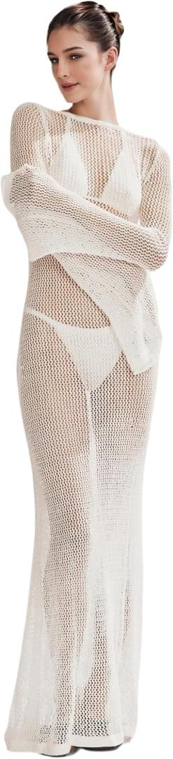ZGMYC Women's Sexy Backless See Through Maxi Dress Bathing Suit Cover Up Knit Flared Long Sleeve Beach Dress Bikini Coverups (Large, White Crochet Knit Hollow-out Style)