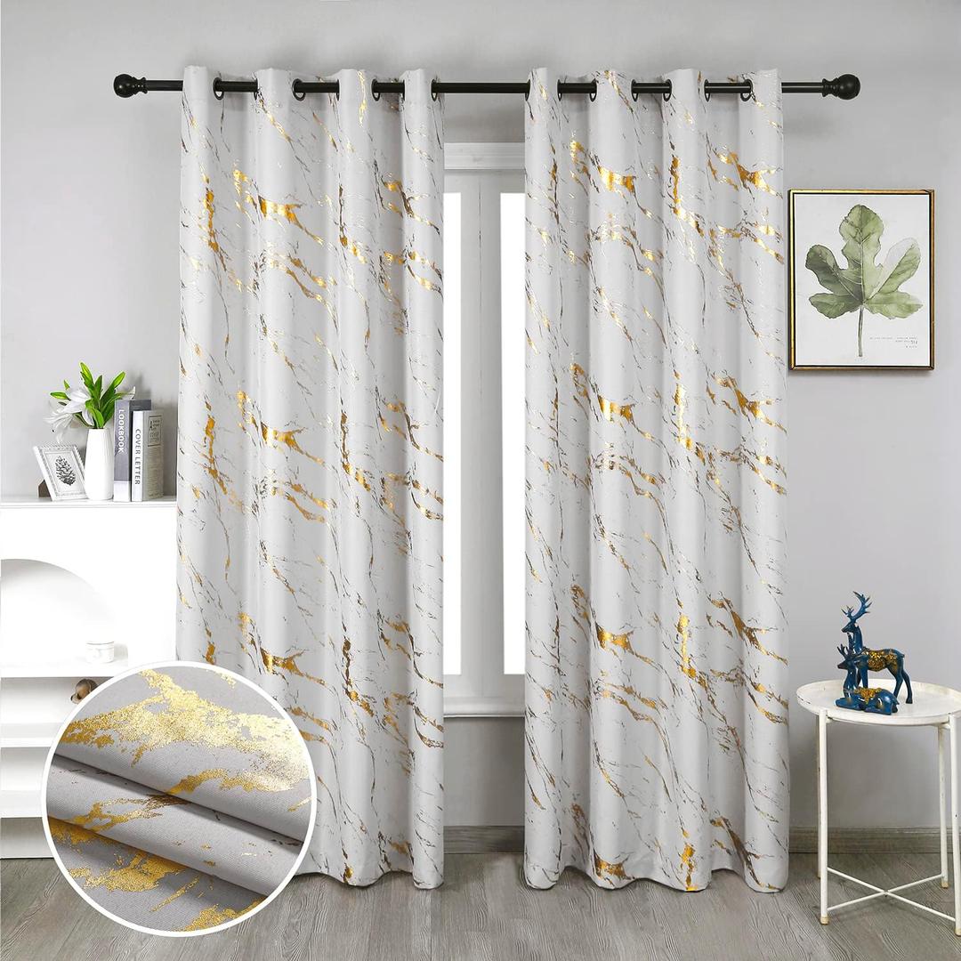 Taisier Home Gold Foil Print Linen Textured Curtains - Geometric Marble Pattern Design for Living Room - Light Filtering Window Treatment, 2 Panels, 84" L, Beige and Gold