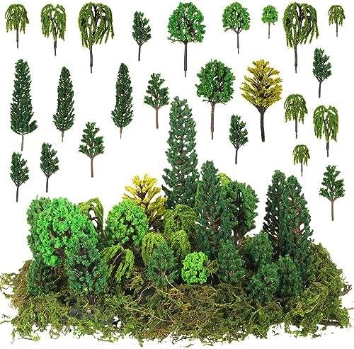 Tigeen 25 Pcs Model Trees Mixed Model with 1.4 Ounce Faux Green Moss Decor Tree Train Scenery Architecture for DIY Crafts, Building, Scenery Landscape(Natural Green)