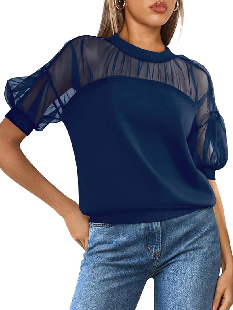 PRETTYGARDEN Women's 2025 Summer Crew Neck Short Sleeve Shirts Lace Going Out Sheer Mesh Crop Tops Dressy Casual Blouses (M)